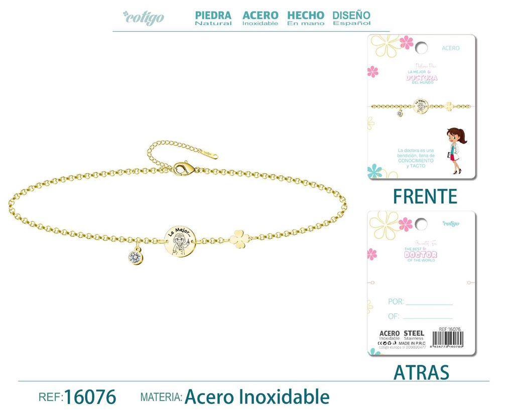 Pulsera dorada de acero para "Mejor Doctora" - Bisutería para regalos de profesión