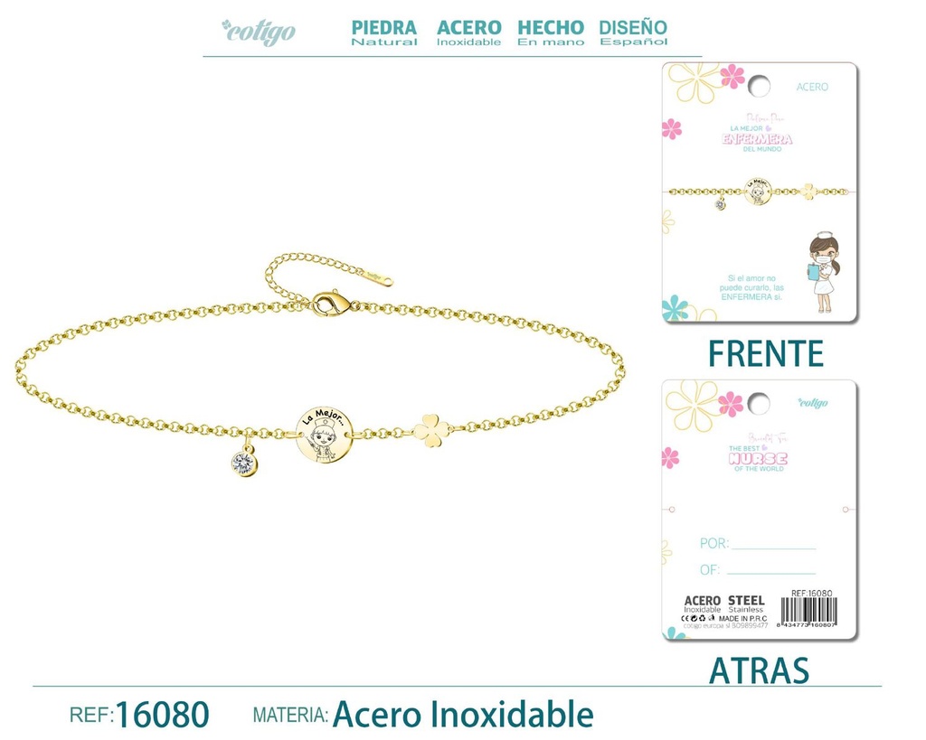 Pulsera dorada de acero para "Mejor Enfermera" - Bisutería para regalos de profesión