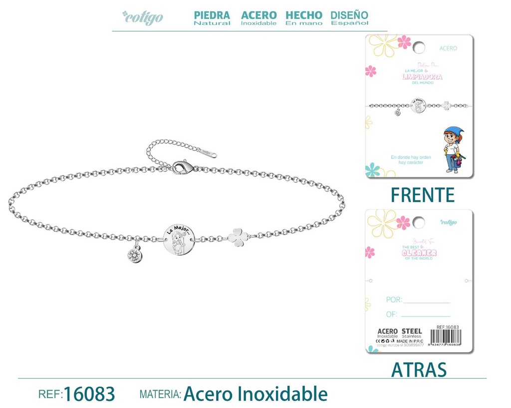 Pulsera plateada de acero para "Mejor Limpiadora" - Bisutería para regalos de profesión