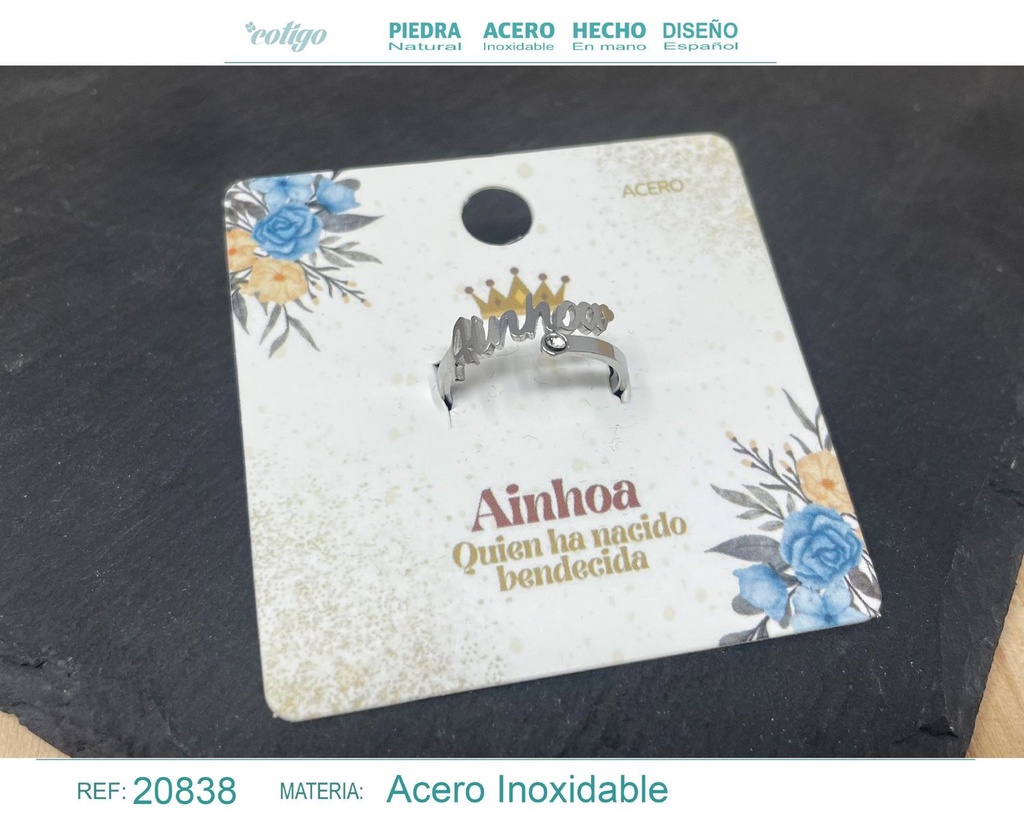 Anillo de acero con nombre "Ainhoa" color plateado - Anillos personalizados