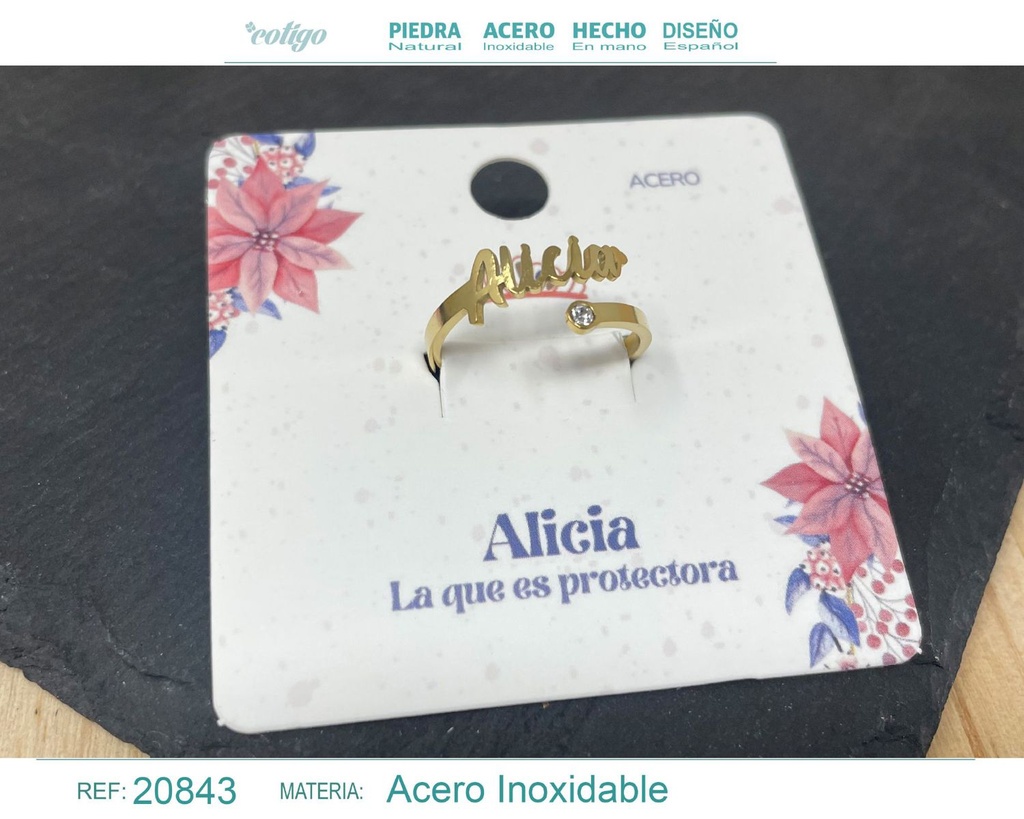 Anillo de acero con nombre "Alicia" color dorado - Anillos personalizados