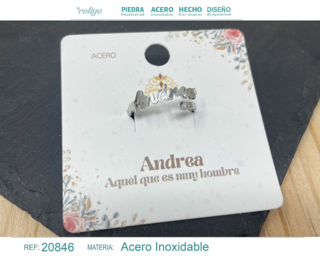 Anillo de acero con nombre "Andrea" color plateado - Anillos personalizados