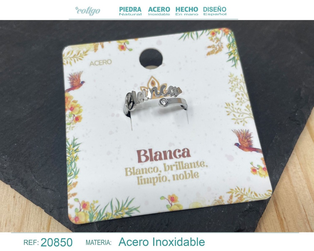 Anillo de acero con nombre "Blanca" color plateado - Anillos personalizados