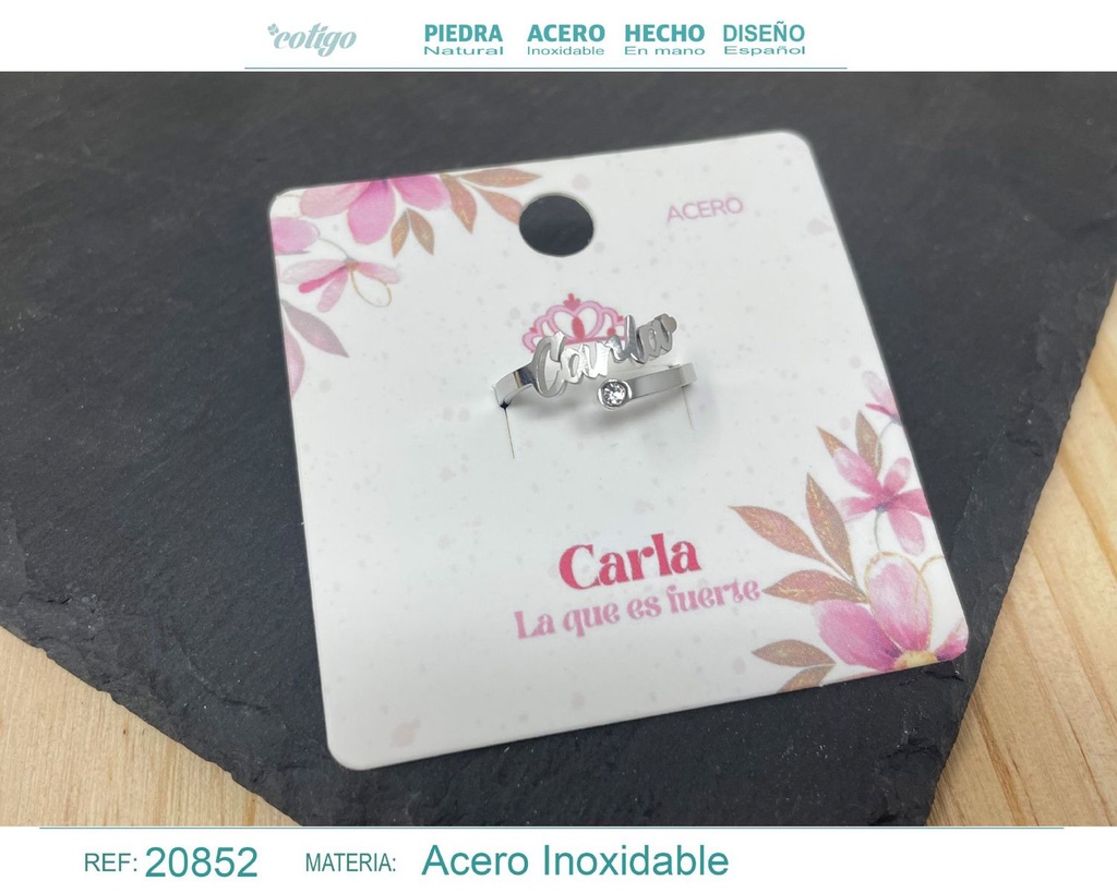 Anillo de acero con nombre "Carla" color plateado - Anillos personalizados