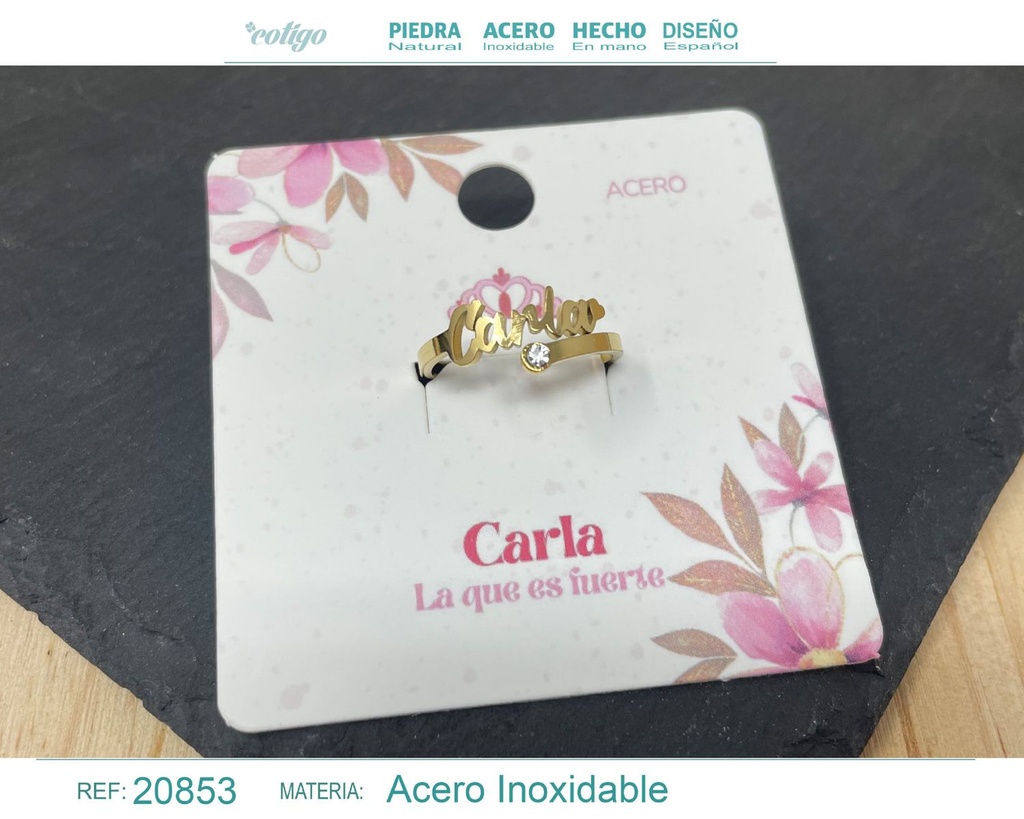 Anillo de acero con nombre "Carla" color dorado - Anillos personalizados