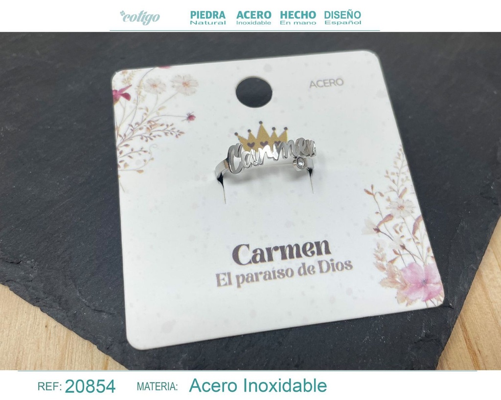 Anillo de acero con nombre "Carmen" color plateado - Anillos personalizados