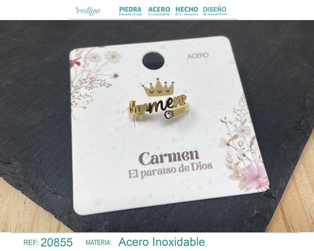 Anillo de acero con nombre "Carmen" color dorado - Anillos personalizados