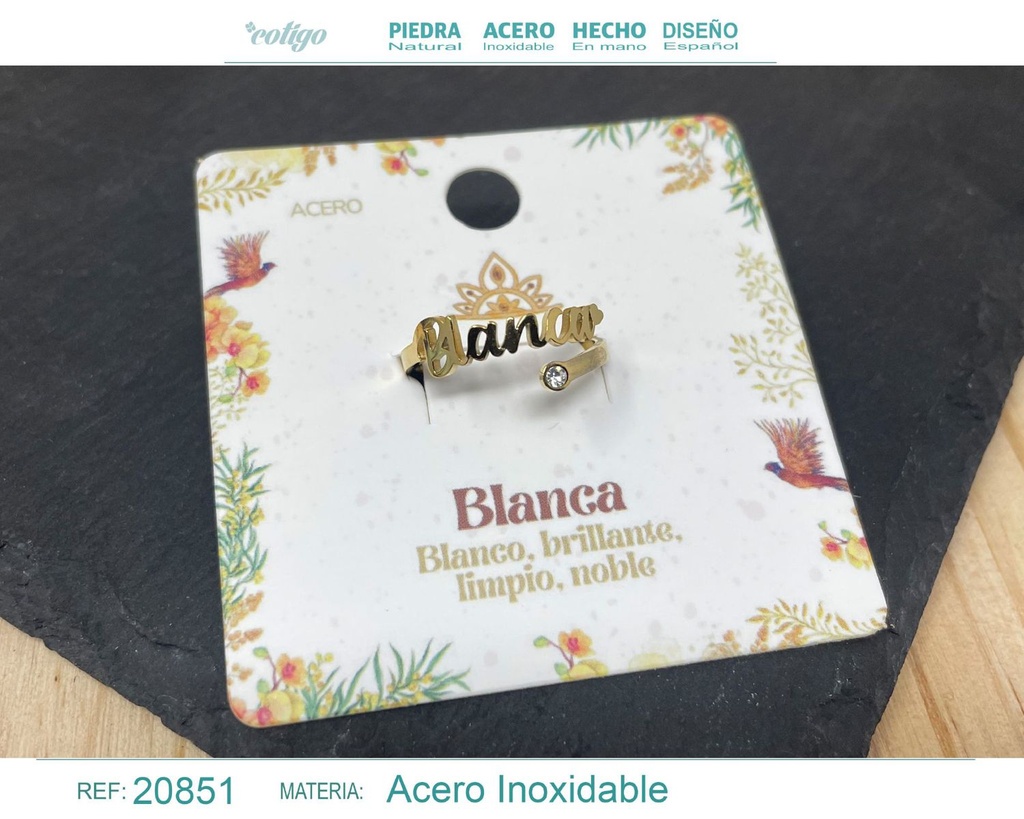 Anillo de acero con nombre "Blanca" color dorado - Anillos personalizados