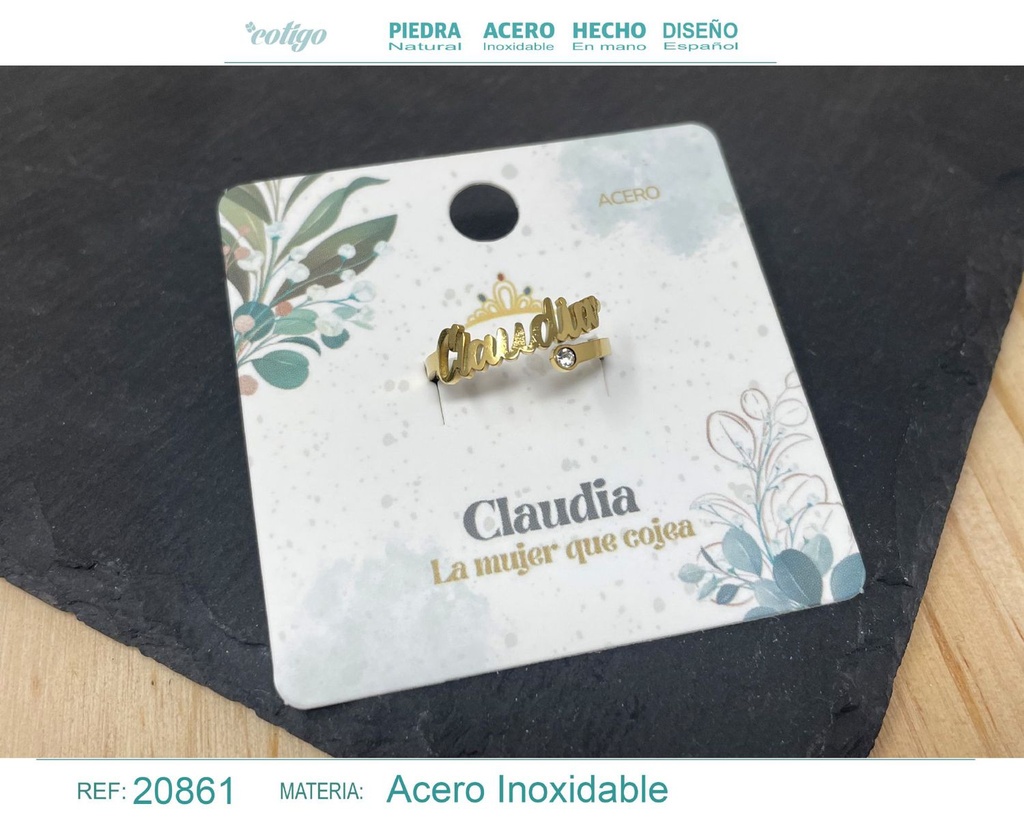 Anillo de acero con nombre "Claudia" color dorado - Anillos personalizados