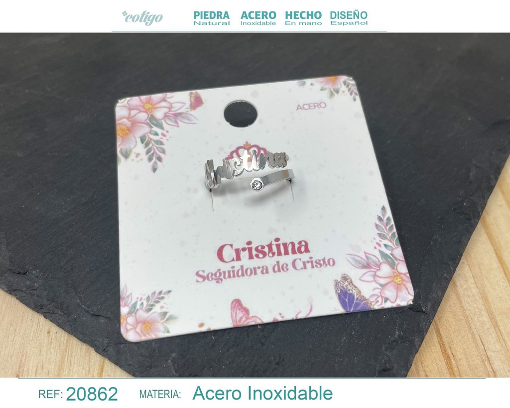 Anillo de acero con nombre "Cristina" color plateado - Anillos personalizados