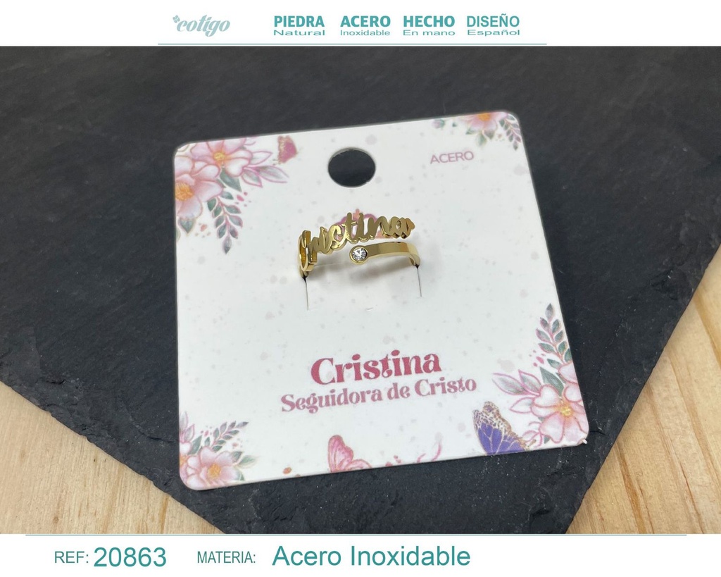 Anillo de acero con nombre "Cristina" color dorado - Anillos personalizados