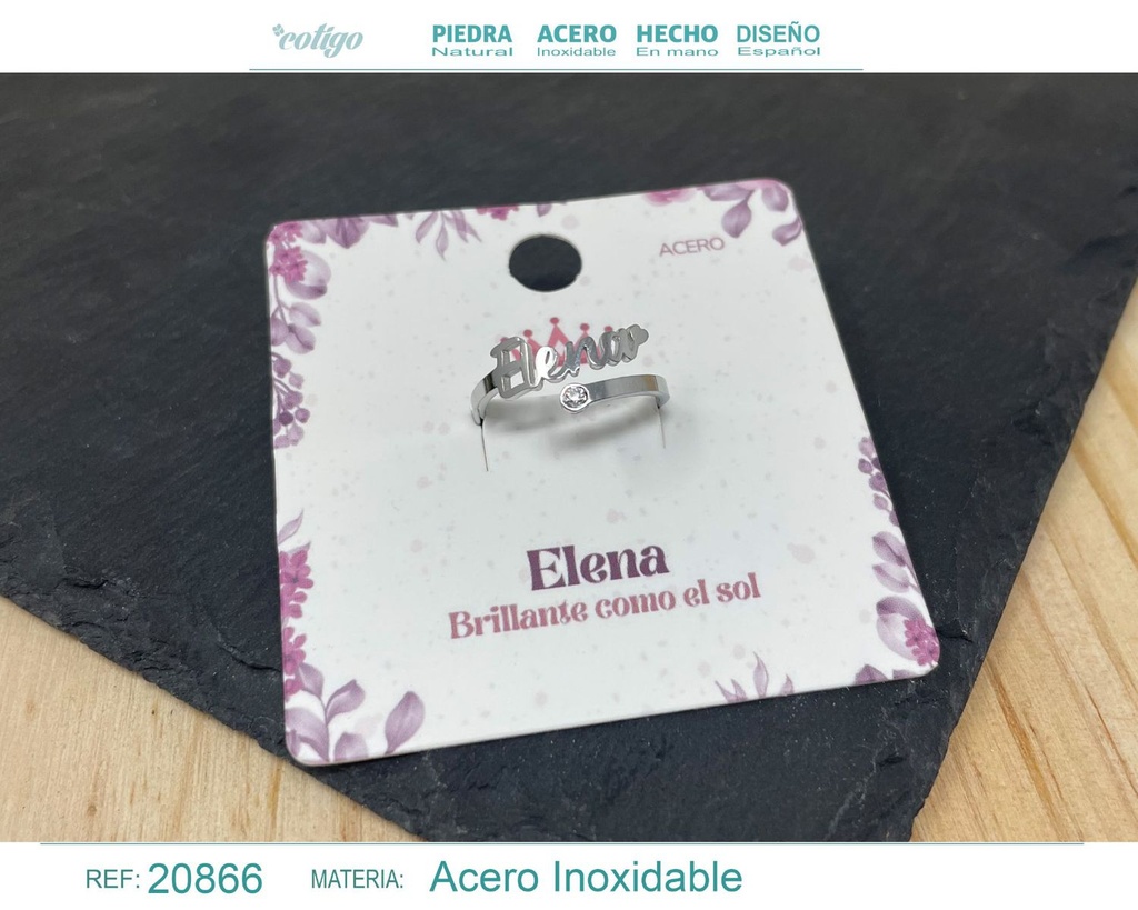 Anillo de acero con nombre "Elena" color plateado - Anillos personalizados