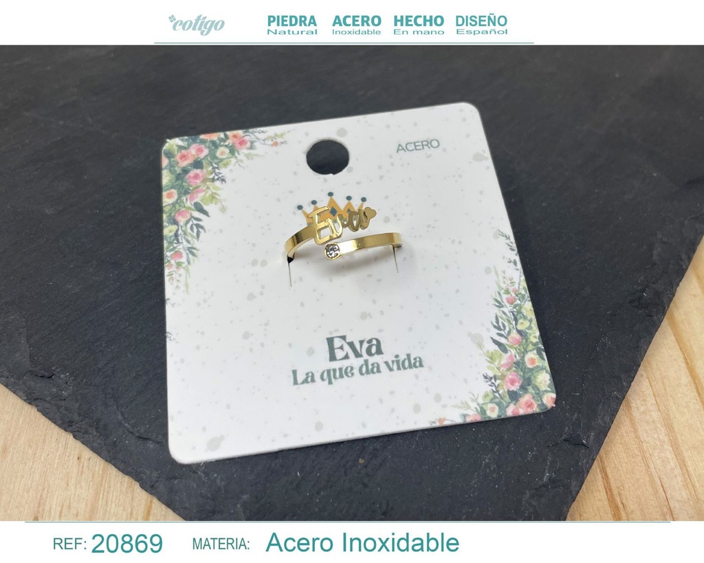Anillo de acero con nombre "Eva" color dorado - Anillos personalizados