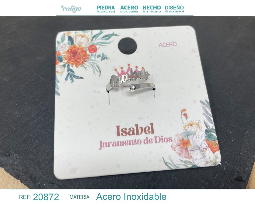 Anillo de acero con nombre "Isabel" color plateado - Anillos personalizados