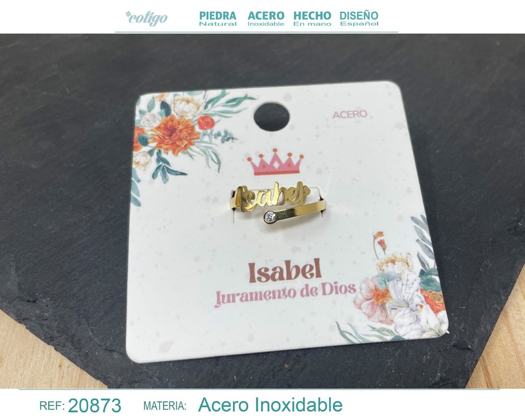 Anillo de acero con nombre "Isabel" color dorado - Anillos personalizados