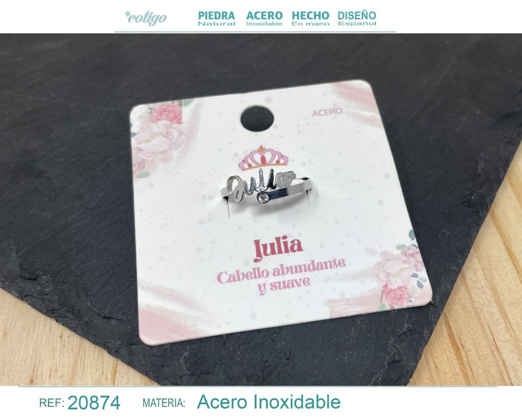 Anillo de acero con nombre "Julia" color plateado - Anillos personalizados