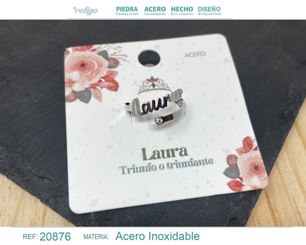 Anillo de acero con nombre "Laura" color plateado - Anillos personalizados