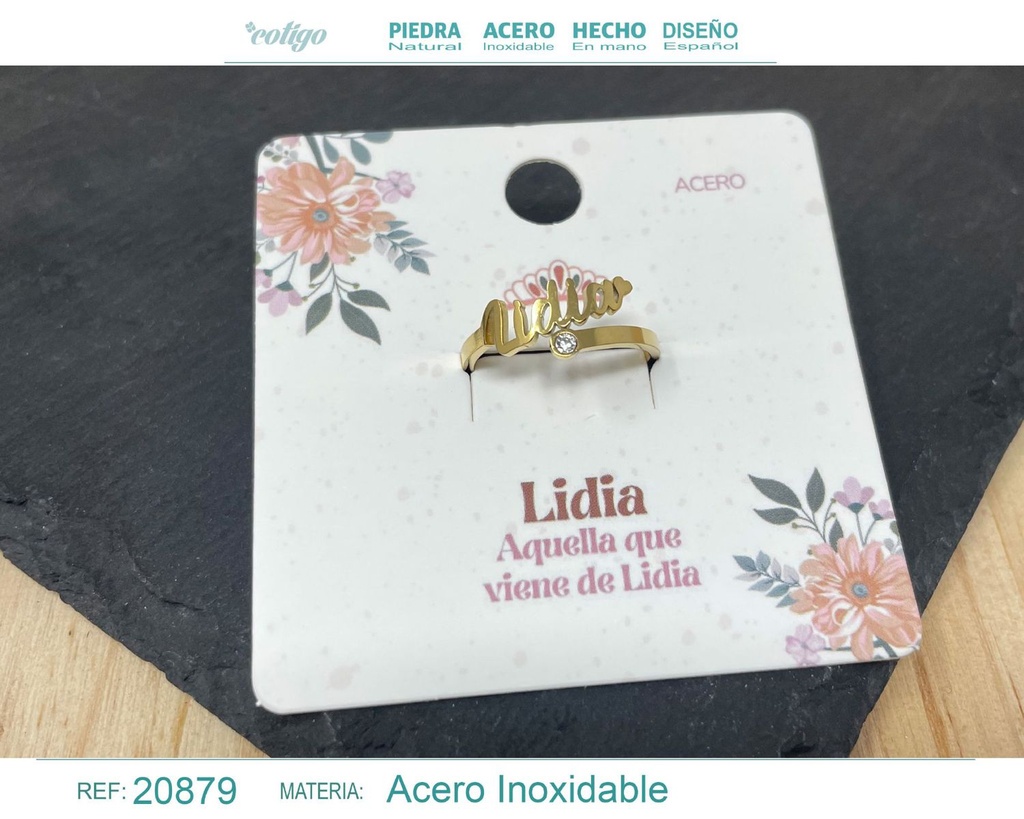 Anillo de acero con nombre "Lidia" color dorado - Anillos personalizados