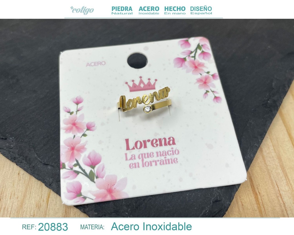 Anillo de acero con nombre "Lorena" color dorado - Anillos personalizados