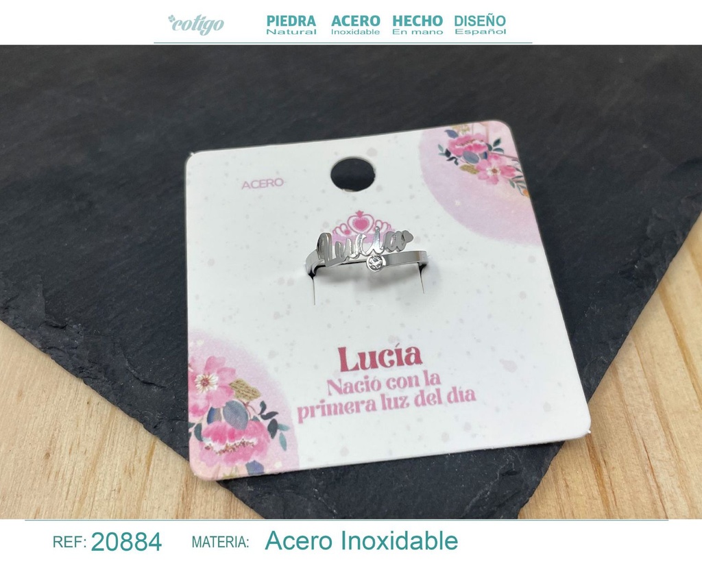 Anillo de acero con nombre "Lucía" color plateado - Anillos personalizados