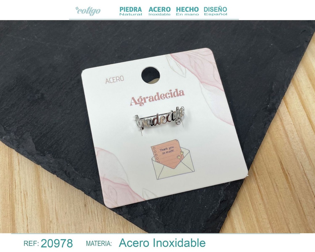 Anillo de acero plateado "con palabra 'Agradecida'" - Joyas con mensaje