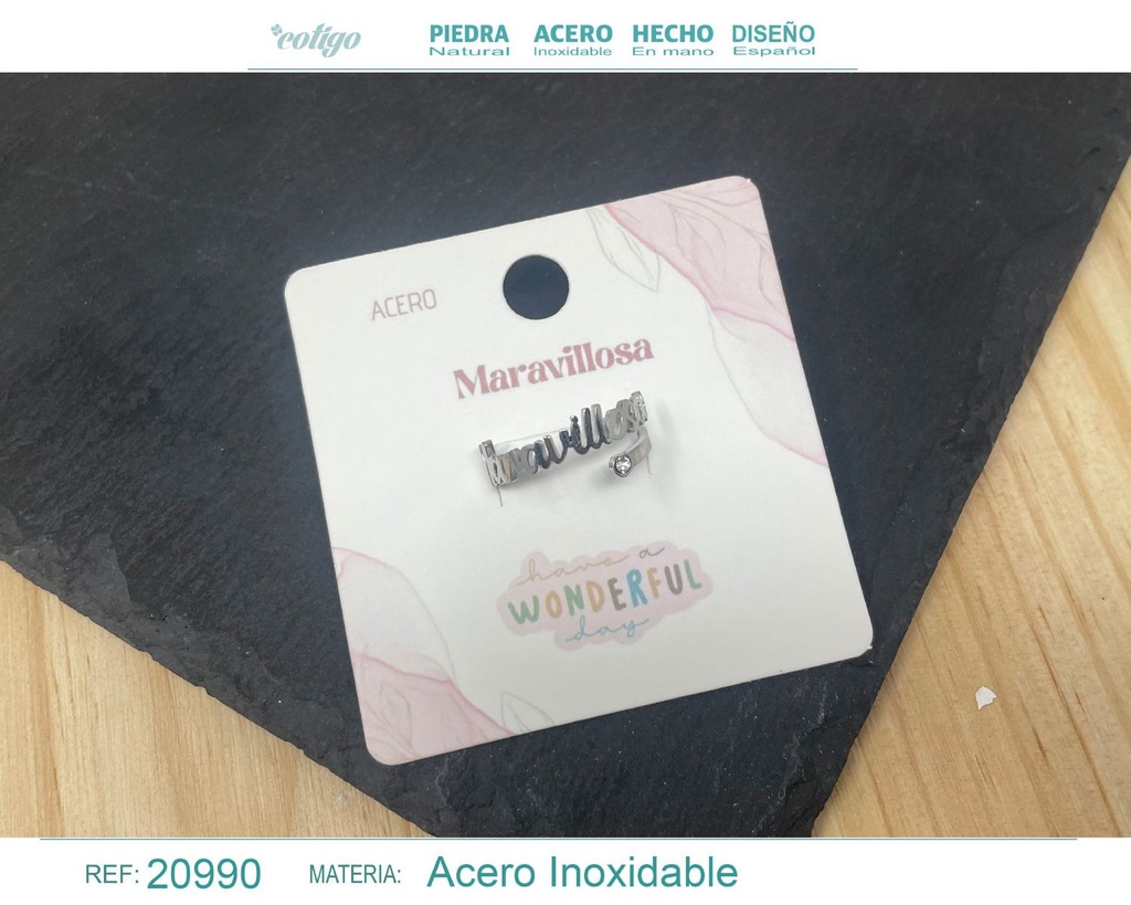 Anillo de acero plateado "con palabra 'Maravillosa'" - Joyas con mensaje