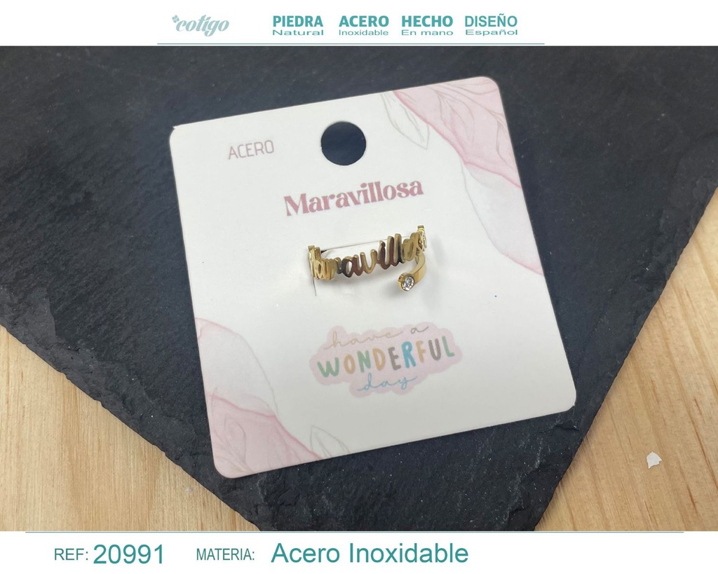 Anillo de acero dorado "con palabra 'Maravillosa'" - Joyas con mensaje