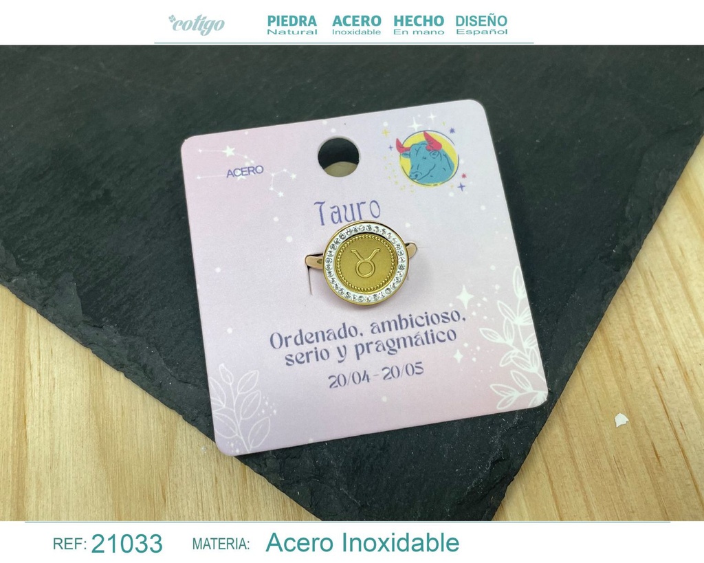 Anillo de acero dorado "TAURO" - Joyas del zodiaco