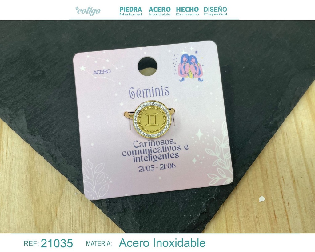 Anillo de acero dorado "GÉMINIS" - Joyas del zodiaco