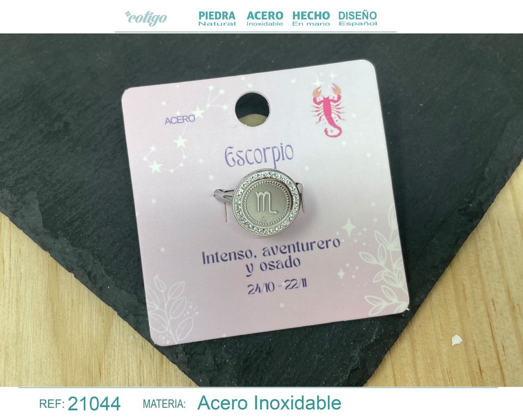 Anillo de acero plateado "ESCORPIO" - Joyas del zodiaco