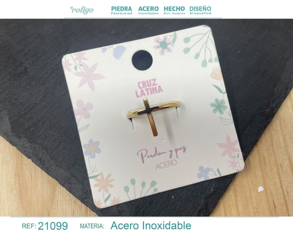 Anillo cruz latina de acero dorado - Joyería religiosa y simbólica