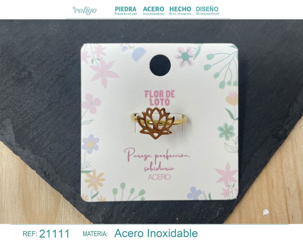 Anillo flor loto de acero dorado - Joyería elegante y simbólica