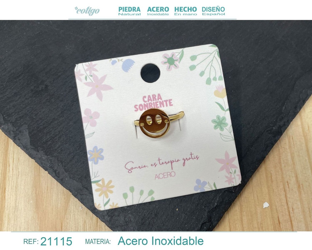 Anillo cara sonriente de acero dorado - Joyería divertida y alegre