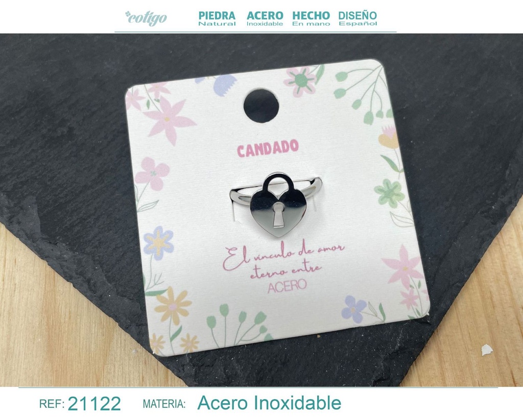 Anillo candado de acero plateado - Joyería con simbolismo de amor
