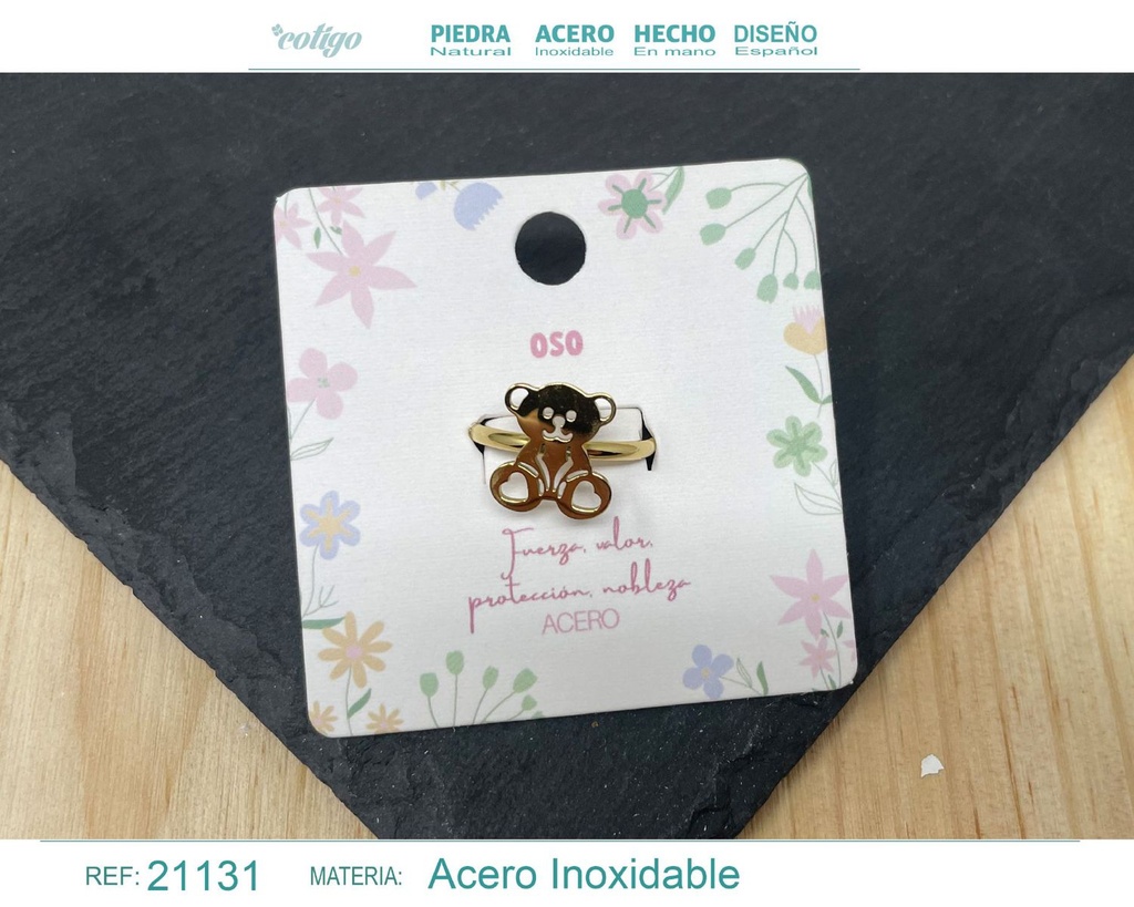 Anillo oso de acero dorado - Joyería animal y simbólica