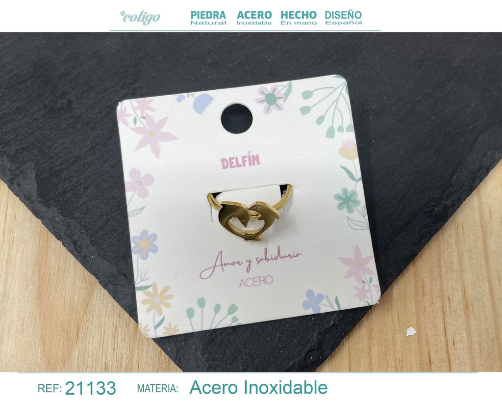 Anillo delfín de acero dorado - Joyería marina y alegre