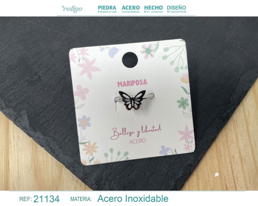 Anillo mariposa de acero plateado - Joyería femenina y delicada