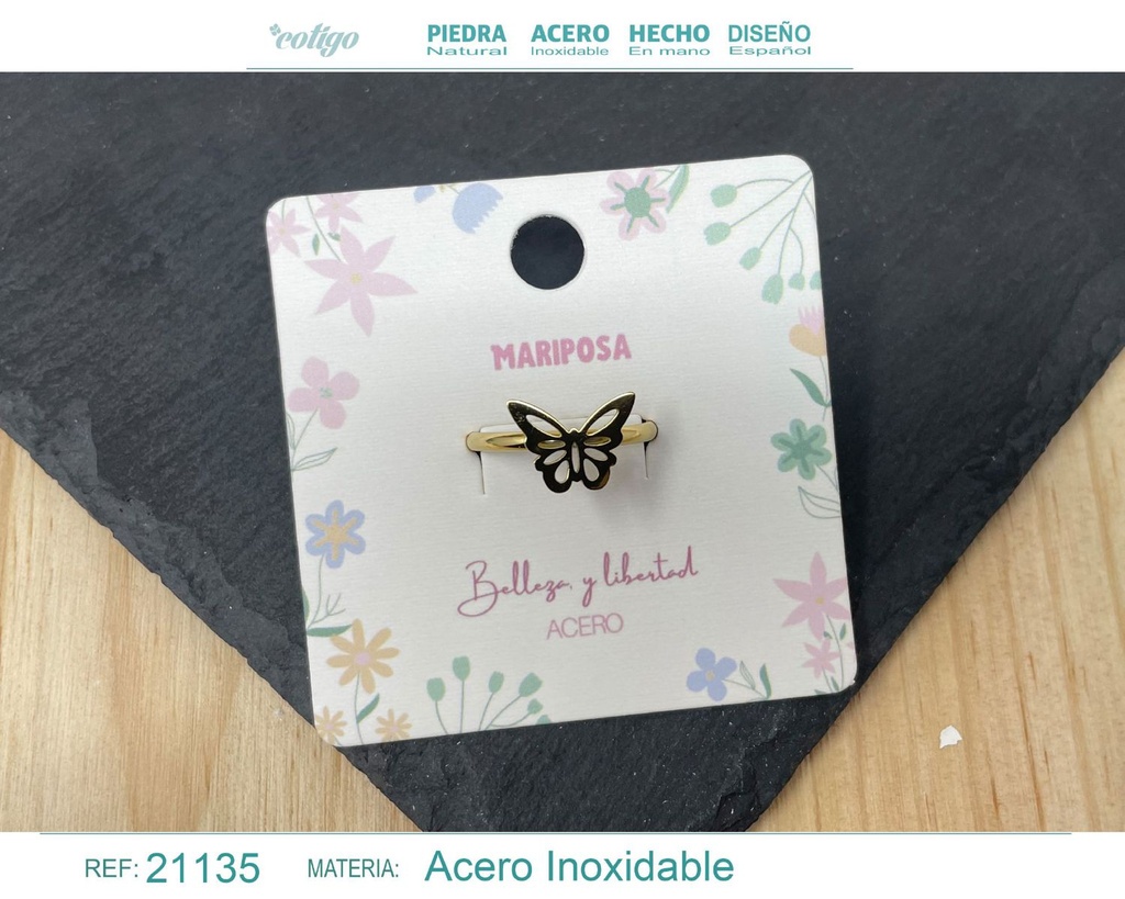 Anillo mariposa de acero dorado - Joyería femenina y delicada