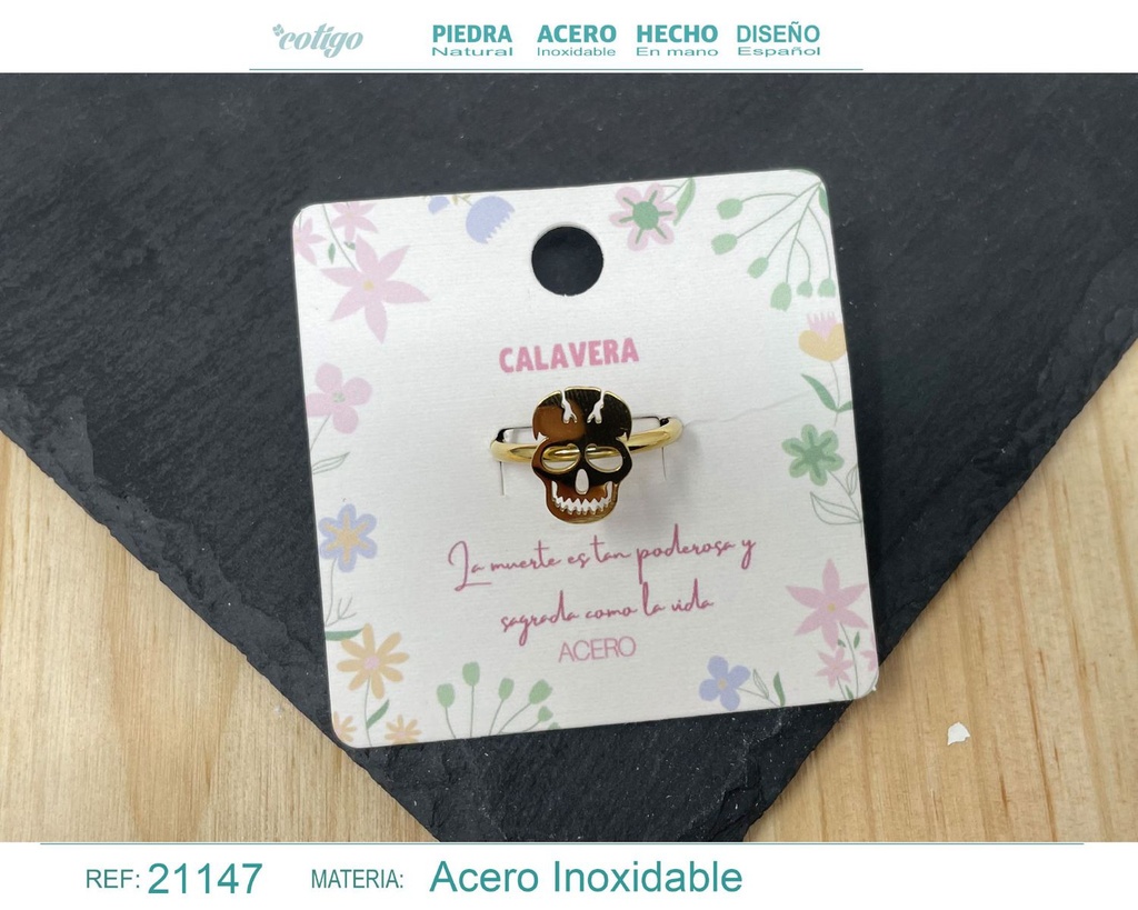 Anillo calavera de acero dorado - Joyería gótica y audaz