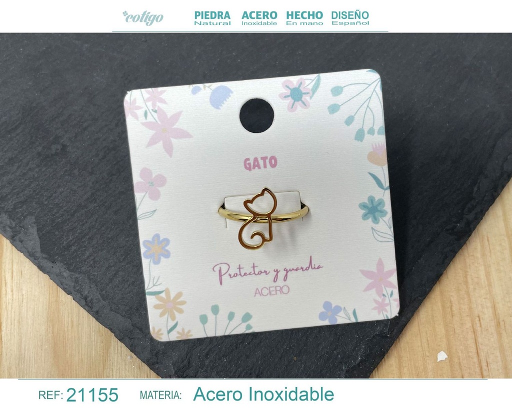 Anillo gato de acero dorado - Joyería divertida y para amantes de gatos