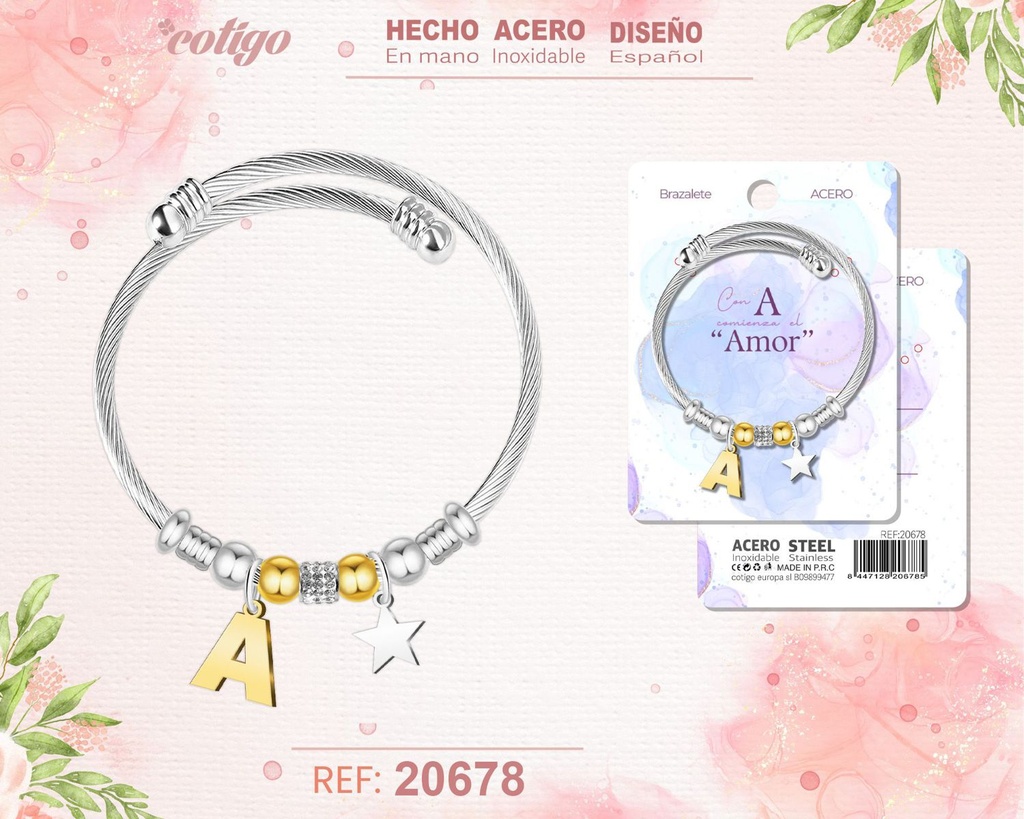 Brazalete de acero con letra A - Joyería personalizada moderna