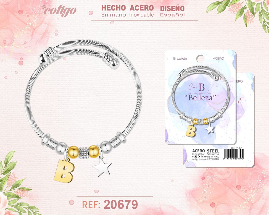 Brazalete de acero con letra B - Joyería personalizada moderna