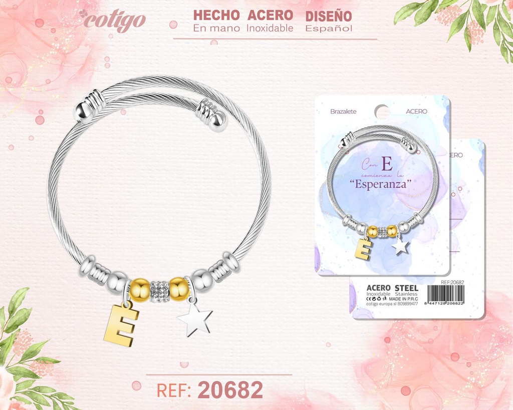 Brazalete de acero con letra E - Joyería personalizada moderna