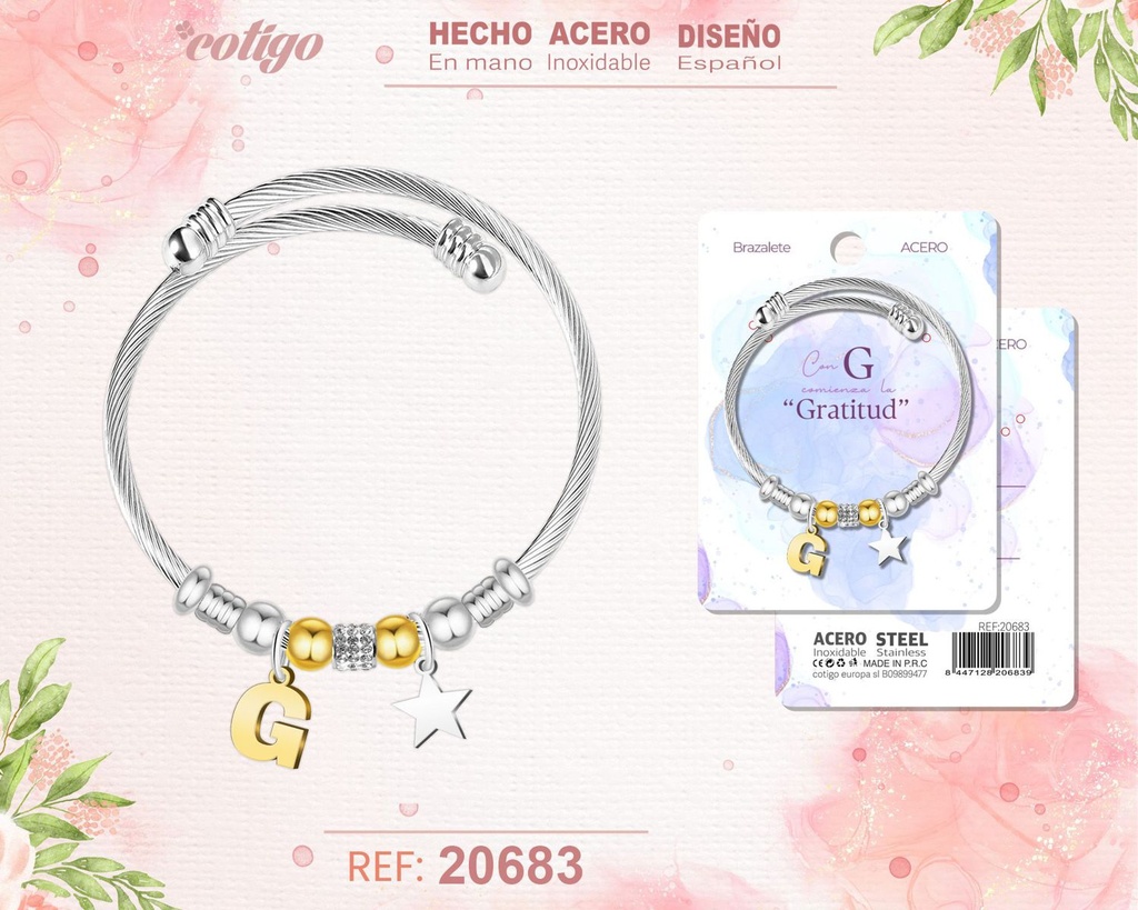 Brazalete de acero con letra G - Joyería personalizada moderna