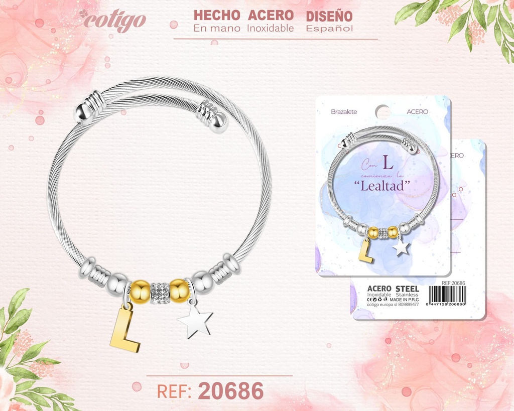 Brazalete de acero con letra L - Joyería y accesorios