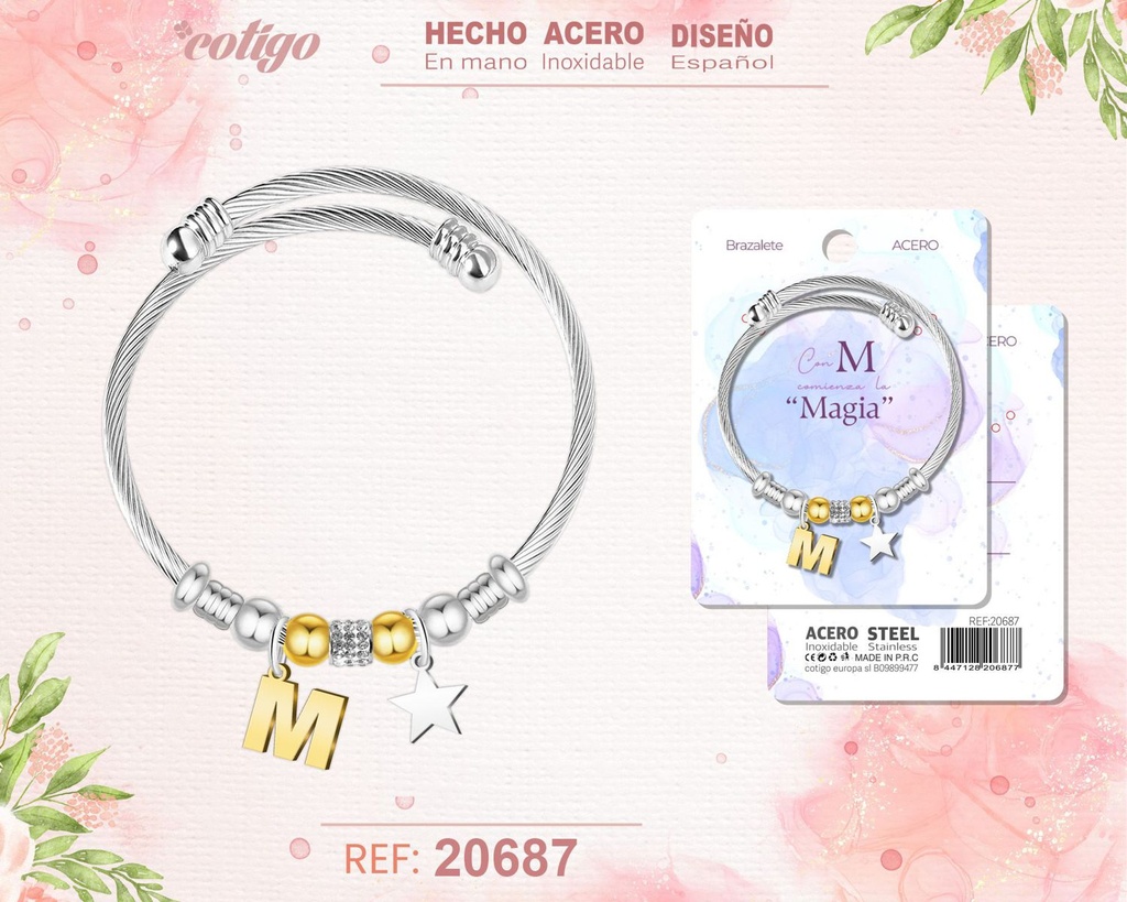 Brazalete de acero con letra M - Joyería personalizada moderna