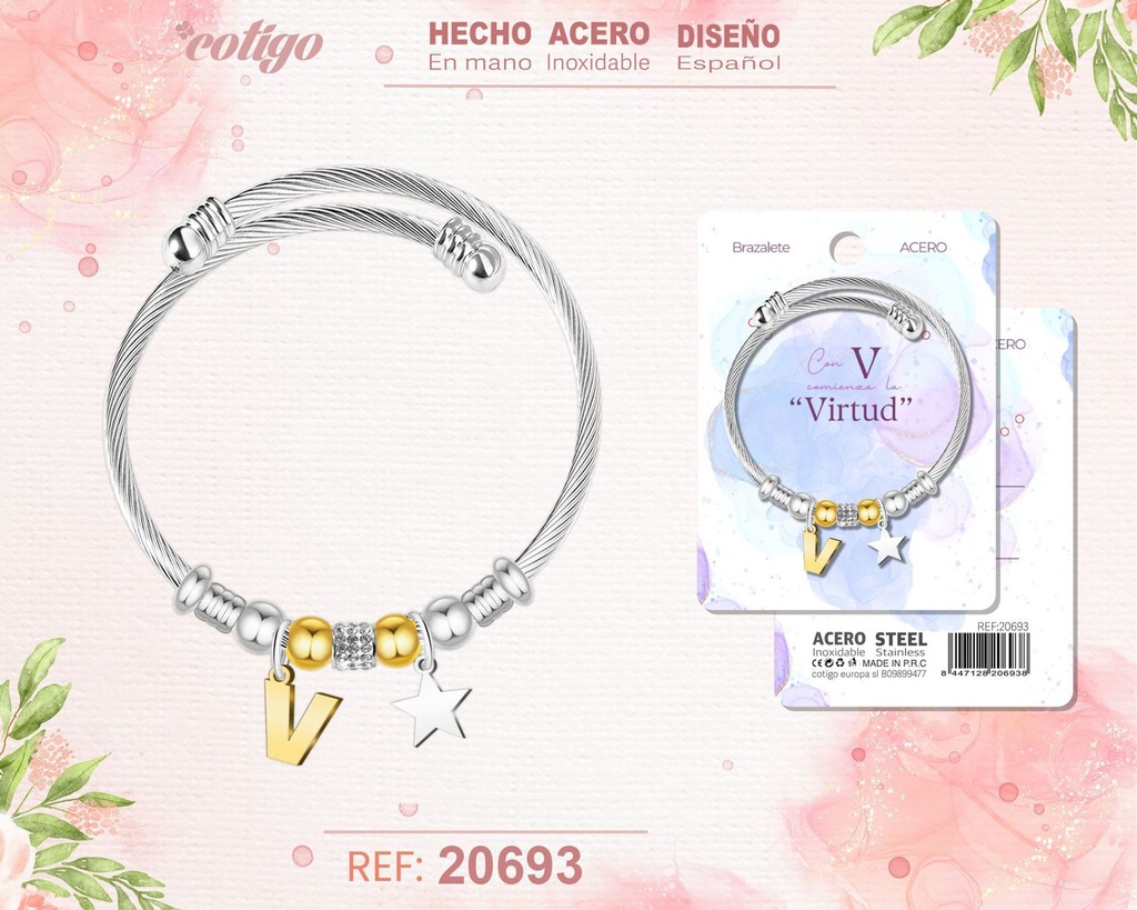 Brazalete de acero con letra V - Joyería personalizada moderna