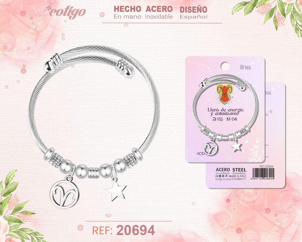 Brazalete de acero con zodiaco Aries - Joyería astrológica y personalizada