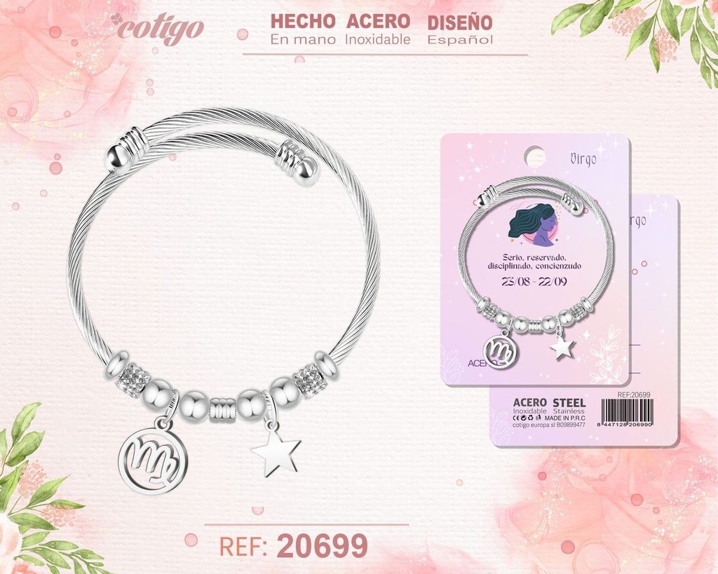 Brazalete de acero con zodiaco Virgo - Joyería astrológica y personalizada