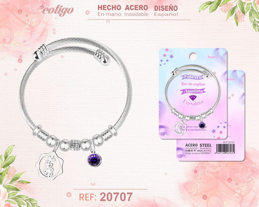 Brazalete de acero para mes de nacimiento Febrero - Joyería personalizada por meses